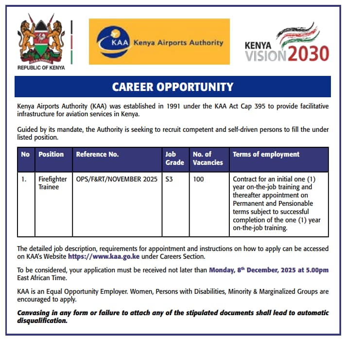 Kenya Airports Authority Announces 100 Firefighter Trainee Vacancies Apply By 8th December 2025